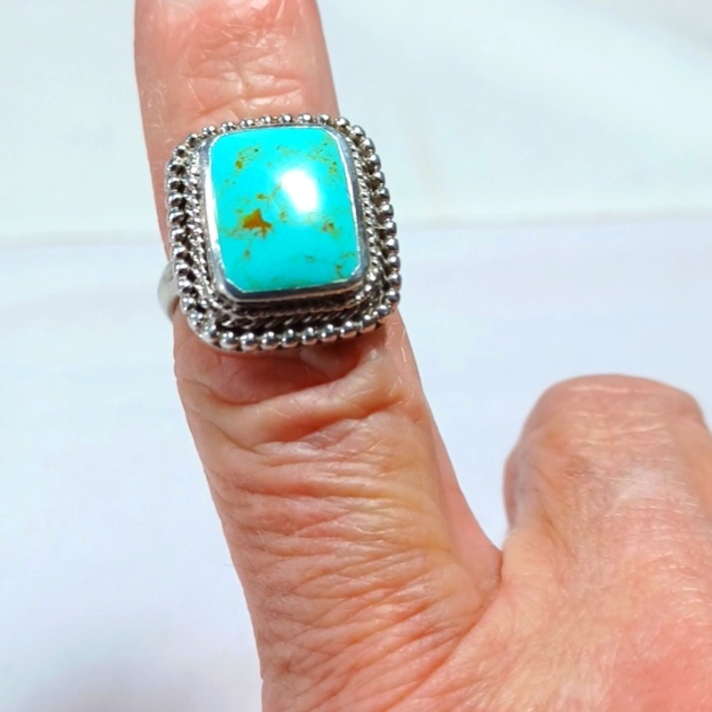 South Western Large  Turquoise Square  Silver Ring Sz 7